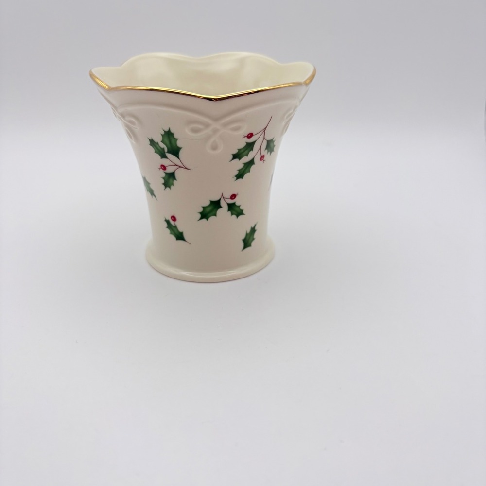 Lenox Vase Candle Holder Holiday Dimension Collection Holly Gold Trim 3.25" Tall